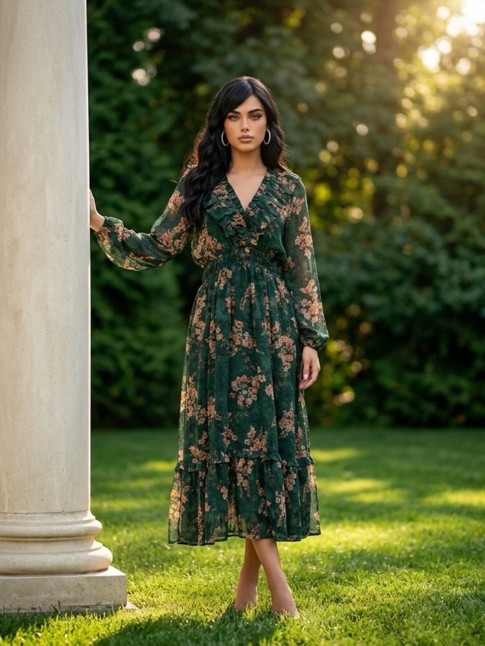 Current Air Green Floral Ruffle Maxi Dress XS Long Sleeve Boho